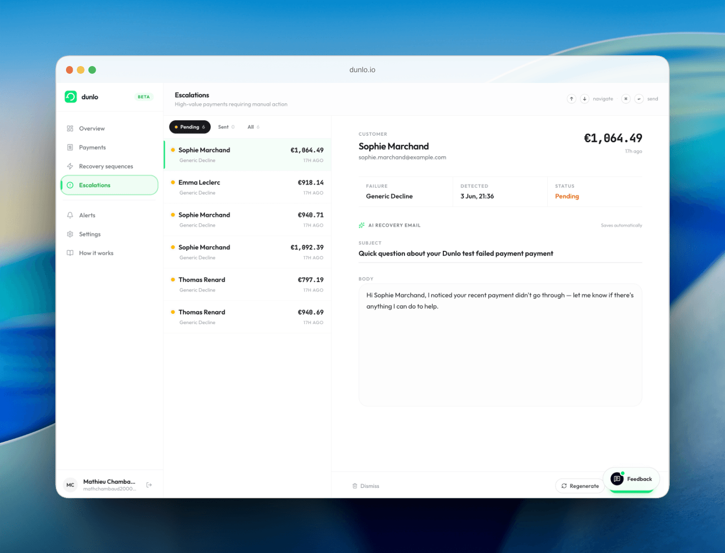 Dunlo founder escalation queue with Stripe payment context and a prepared recovery email